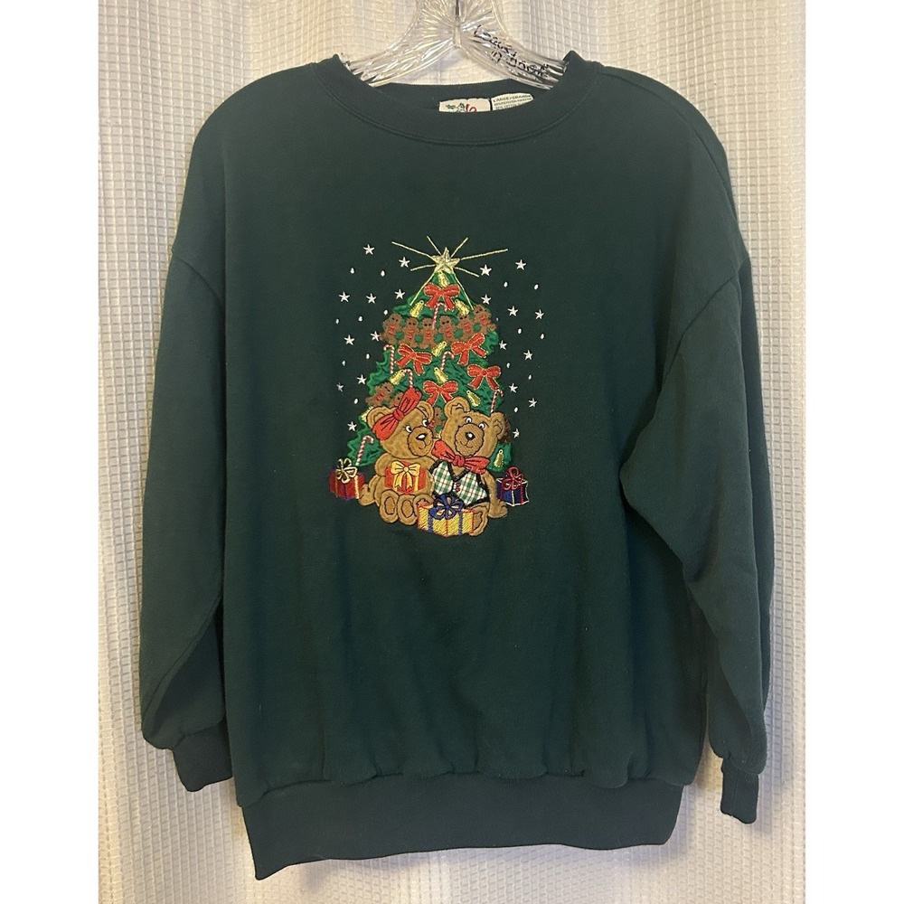 VTG 90s Y2K Christmas Bears Women's Green Sweatshirt Size L Grandmacore